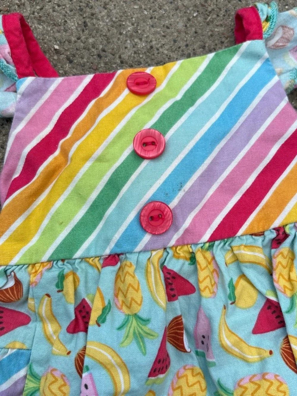 Ricrac & Ruffles colorful striped Fruit print baby girl romper